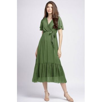 Rochie lunga din matase si vascoza cu bust petrecut, kaki