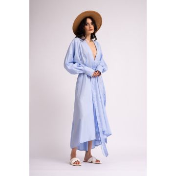 Rochie midi bleu tip camasa cu slituri in laterale