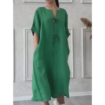 Rochie oversize din in, cu nasturi pe piept, verde