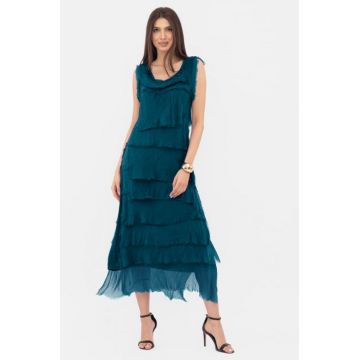 Rochie turcoaz inchis din matase si vascoza cu  volane franjurate suprapuse, fara maneci