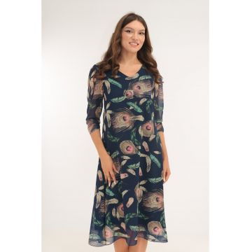 Rochie evazata din voal bleumarin cu flori bej
