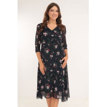 Rochie evazata din voal bleumarin cu print floral rosu