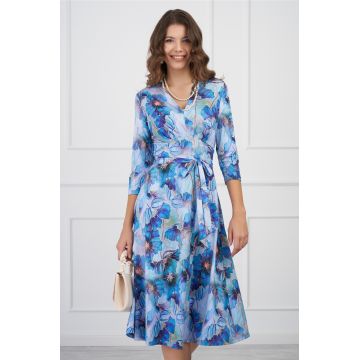 Rochie Gabriela bleu cu flori albastre si cordon in talie