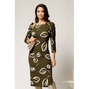 Rochie Mara kaki cu imprimeuri bej si aplicatie tip lant