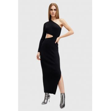 Rochie maxi cambrata cu decolteu pe un umar - Negru