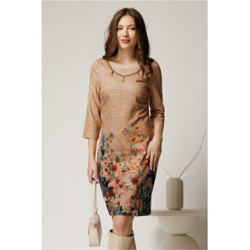 Rochie Nadine bej cu imprimeu floral si accesoriu tip lant