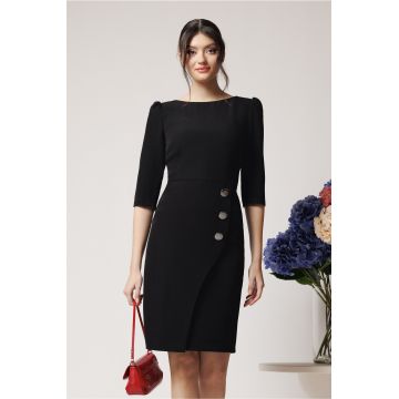 Rochie office din stofa neagra cu nasturi pe fusta Rochie office din stofa neagra cu nasturi pe fusta