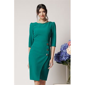 Rochie office din stofa verde cu nasturi pe fusta