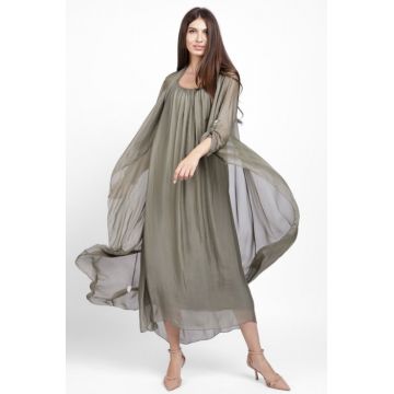 Compleu cu rochie si blazer din matase si vascoza, kaki