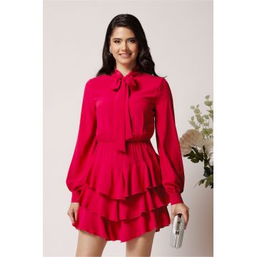 Rochie DY Fashion din voal fucsia scurta cu volane la baza
