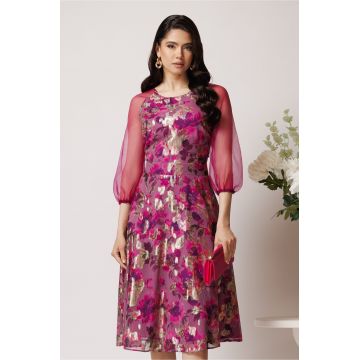 Rochie DY Fashion din voal lila cu imprimeuri florale si maneci din organza