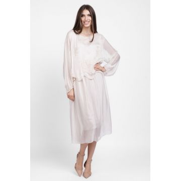 Rochie lunga ivoire, cu broderie florala si bordura, din matase si vascoza