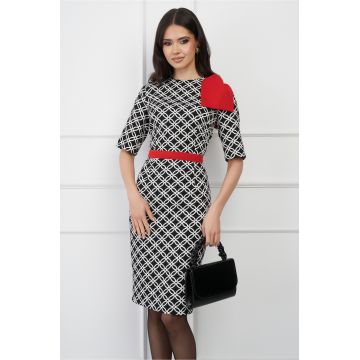Rochie DY Fashion neagra cu imprimeuri albe si funda rosie