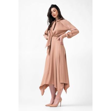 Rochie midi bej cu esarfe la gat