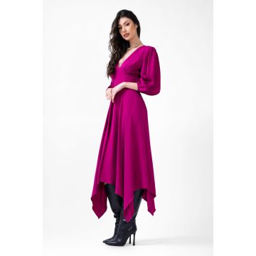 Rochie midi fuchsia cu clini si maneca midi