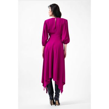 Rochie midi fuchsia cu clini si maneca midi