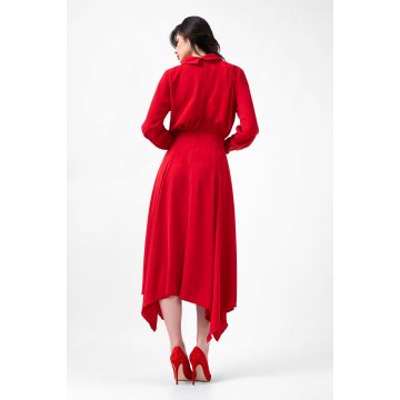 Rochie midi rosie cu esarfe la gat