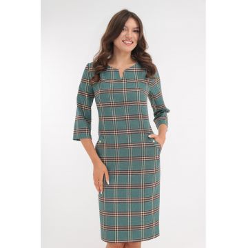 Rochie office turcoaz cu print in carouri maro