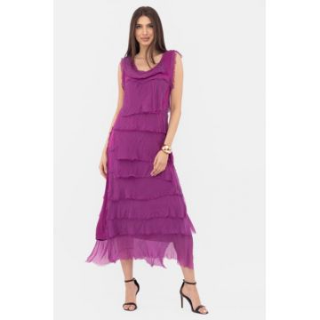 Rochie magenta din matase naturala cu  volane franjurate suprapuse, fara maneci