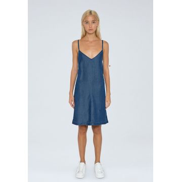 Rochie din denim - cu decolteu in V si barete incrucisate pe partea din spate