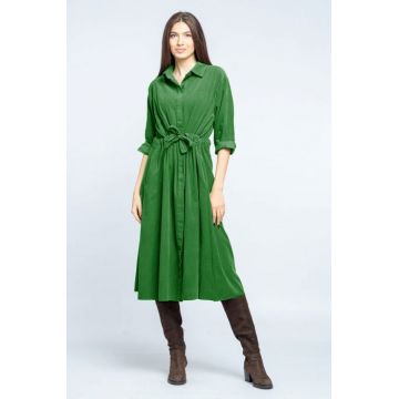 Rochie camasa din catifea reiata cu cordon in talie, verde crud