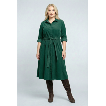 Rochie camasa din catifea reiata cu cordon in talie, verde