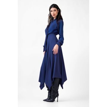 Rochie midi albastru electric cu esarfe la gat