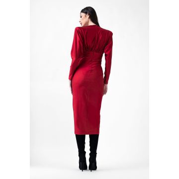 Rochie midi rosie cu corset si decolteu in V