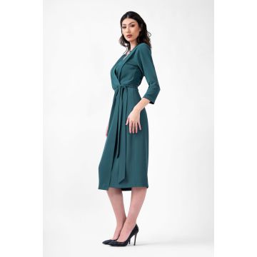 Rochie midi turcoaz cu pliuri si cordon in talie
