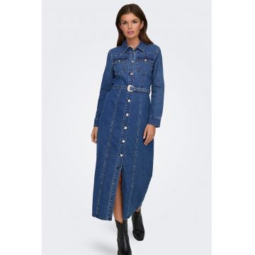 Rochie din denim cu o curea in talie - Albastru melange