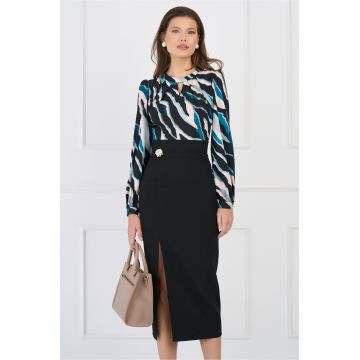 Rochie DY Fashion office cu bust din voal satinat cu print turcoaz si fusta neagra