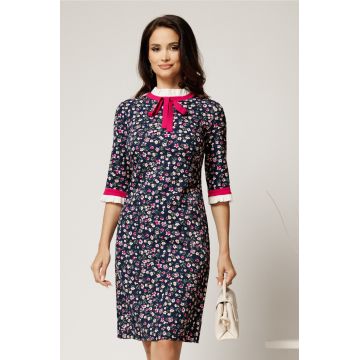 Rochie DY Fashion office din stofa bleumarin cu flori fucsia si mansete din poplin