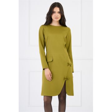 Rochie Moze office din stofa verde lime cu funde si crepeu pe fusta