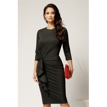 Rochie DY Fashion office din jerse gri cu volan pe fusta