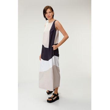 Rochie din amestec de in cu buzunare laterale - Alb/Albastru ultramarin/Maro taupe deschis