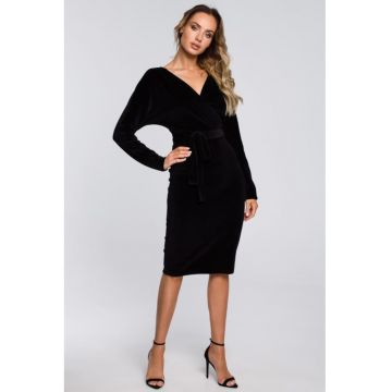 Rochie bodycon din catifea cu decolteu in V -  Negru