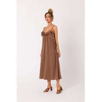 Rochie midi evazata cu bretele subtiri si volane - - Maro