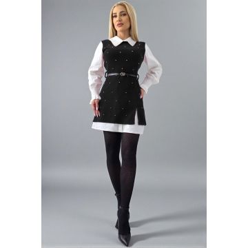 Rochie office tip camasa Iuliana, cu sarafan negru aplicat si curea, Negru, Marime S/M