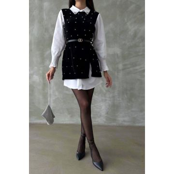 Rochie office tip camasa Iuliana, cu sarafan negru aplicat si curea, Negru, Marime S/M