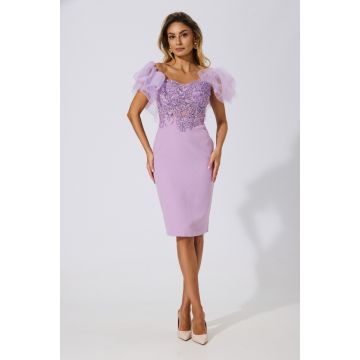 Rochie de ocazie din crepe cu dantela si volane din tull Elorra Lila