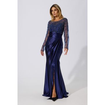 Rochie de ocazie din satin accesorizata cu strass-uri Femme Bleumarin