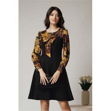 Rochie Ella Collection Andrada office din stofa neagra cu funda si imprimeu galben
