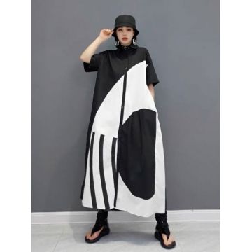 Rochie midi camasa alb-negru din poplin de bumbac