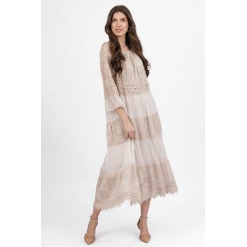 Rochie boho bej, lunga cu volane, din matase naturala cu dantela