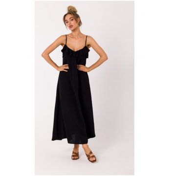 Rochie midi evazata cu bretele subtiri si volane - - Negru