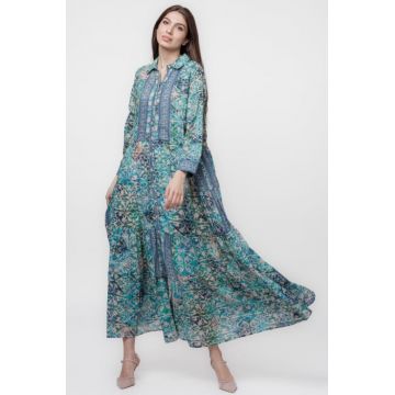 Rochie camasa, dublata, lunga, din batist de bumbac, cu imprimeu turcoaz