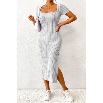 Rochie casual FeeL tricot ALIZA, cu slit lateral si maneca scurta, Gri, M/