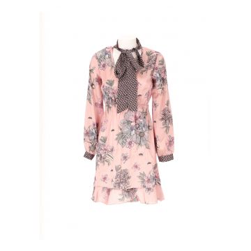 Rochie cu model floral si decolteu cu funda cu panglici