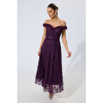 Rochie de ocazie premium din dantela cu flori 3D si glitter Davideea Violet