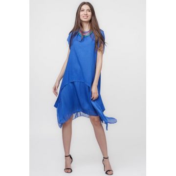 Rochie din in cu volan din matase naturala si colturi, albastru electric Rochie din in cu volan din matase naturala si colturi, albastru electric